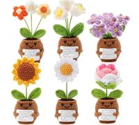 Geelin 6 Sets Mini Positive Potted Crochet Doll with Card Emotional Sunflower Rose Daisy Support Thank You Back to School Positive Gifts Plants Crochet for Women Men Teacher(May You)