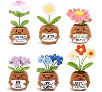 Geelin 6 Sets Nurse Appreciate Gift Mini Crochet Flower Potted Doll with Card Emotional Rose Daisy Crochet Support Mother's Day Positive Thank You Plants Gift for Nurse Doctor Medic