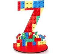 Geelin 7rd Birthday Number Sign Centerpiece Building Block Theme Number Stand Sign, Wooden Table Decoration Photo Props for Birthday Decorations