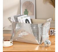 Geelin Disco Ball Storage Basket for Organizing 15x10x9 in Glitter Silver Foldable Fabric Storage Bin with Carry Handle for Shelves Bling Felt Basket Organizer for Home Decor Office Laundry(1 Pcs)