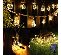 Geemoo Solar Outdoor Hemp Rope String Lights - 8M 160 LED Waterproof Festoon With 16 Shatterproof Bulbs for Garden, Patio, Party, Yard, Xmas Decoration (Warm White)