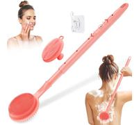 GEENOA Adjustable Silicone Back & Face Scrubber Set, 16''-24'' Extendable Shower Back Scrubber with Dual-Side Head and Lathering Bristles, Manual Face Scrubber with Soft Bristle Non-Slip Handle(Pink)