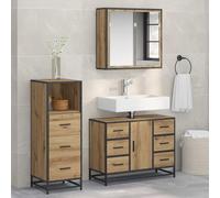 GeenYuu Bathroom Furniture Set Artisan Oak with Vanity Unit, Mirror Cabinet and Tall Cabinet, Space-Saving, with Shelf and Drawer for Modern Guest Toilet and Bathroom