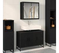 GeenYuu Bathroom Furniture Set Black Oak Look 2-Piece Wood Material with Sink Cabinet Mirror Cabinet Shelf Storage Space Wall Mounted Space-Saving for Guest Toilet and Bathroom