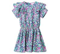 GeenYuu Children's Dress Cobalt Blue with Ruffle Sleeves Made of 100% Polyester Size 116 for Girls 5-6 Years Festive with Floral Pattern and Crew Neck for Everyday and Party