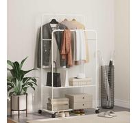 GeenYuu Clothes Rack with Shelf and Wheels, White, 80 x 53 x 156 cm, Freestanding with Shoe Rack, Coat Stand with Double Clothes Rail and Rolling Coat Rack for Bedroom and Hallway
