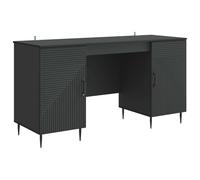 GeenYuu Desk with Shelf, Black, 142.5 x 50 x 75 cm, Wood Material with 2 Board Shelves and 2 Swivel Doors, Sturdy Work Table for Office, Home Office, Study with Lots of Storage Space and