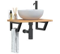 GeenYuu Washbasin Top with Bracket, Steel and Solid Oak Wood, 60 x 40 x 2.5 cm, Trapezoidal Shape, 100 kg Load Capacity, Wall Mounted for Bathroom, Space-Saving, Stable and Durable