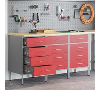 GeenYuu Wooden and Steel Workbench with Drawers 150 x 55 x 85 cm, 3-Piece Set in Red and Grey, Workshop Cabinet with Organiser, Shelf and Storage for Garage, Hobby Room and Basement