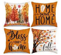 GEEORY Fall Maple Leaves Pillow Covers 16 x 16 Inch Set of 4, Home Sweet Home Orange Autumn Seasonal Decorative Throw Pillows Farmhouse Decoration for Sofa Couch G711-16