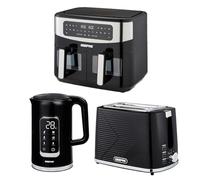 Geepas 1.7L Digital Electric Kettle 2 Slice Bread Toaster & 9L Dual Zone Air Fryer Kitchen Combo Set | 2200W Cordless Jug Kettle, Keep Warm Function | 900W Toaster | 9L XL Capacity, Oil Free Fryer