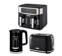 Geepas 1.7L Digital Electric Kettle 2 Slice Bread Toaster & 9L Dual Zone Air Fryer Kitchen Combo Set in Black Geepas Black
