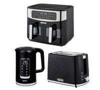 Geepas 1.7L Digital Electric Kettle 2 Slice Bread Toaster & 9L Dual Zone Air Fryer Kitchen Combo Set | 2200W Cordless Jug Kettle, Keep Warm Function | 900W Toaster | 9L XL Capacity, Oil Free Fryer
