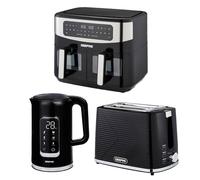 Geepas 1.7L Digital Electric Kettle 2 Slice Bread Toaster & 9L Dual Zone Air Fryer Kitchen Combo Set In Black Black