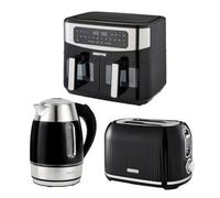 Geepas 1.7L Illuminating Electric Kettle 2 Slice Bread Toaster & 9L Dual Zone Air Fryer Kitchen Combo Set | 2200W Rapid Boil Cordless Jug Kettle | 1000W Toaster | 9L XL Capacity, Oil Free Fryer