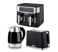 Geepas 1.7L Illuminating Electric Kettle 2 Slice Bread Toaster & 9L Dual Zone Air Fryer Kitchen Combo Set in Black Geepas Black