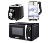 GEEPAS Electric Kettle 2 Slice Bread Toaster & Microwave Kitchen Set | 1.7L Rtrovive Kettle 3000W | 2 Slice Toaster with 6 Level Browning Control, 850W| 700W Digital Microwave 20L, Black