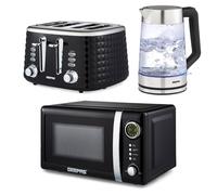 Geepas 1.7L Illuminating Kettle, 4 Slice Bread Toaster & 20L Digital Microwave Set In Black Black