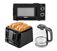 Geepas Electric Kettle 4 Slice Bread Toaster & Microwave Kitchen Set | 2200W 1.7L Illuminating Glass Kettle | 1400W Toaster with 6 Level Browning Control | 700W Solo Manual Dial Microwave 20L | Black