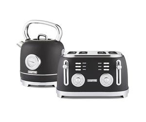 GEEPAS 1.8L Electric Kettle & 4 Slice Bread Toaster Kitchen Combo Set | 3000W Vintage Cordless Stainless Steel Kettle Auto Shut-Off, Temperature Gauge | Defrost/Reheat/Cancel 1500W | Black Retrovive