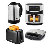 GEEPAS 1.8L Kettle 2 Slice Toaster Panini Grill & 9.2L Digital Air Fryer Combo Kitchen Set | Cordless Stainless Steel Jug Kettle | Bread Toaster 6 Browning Levels | Air Fryer for Oil Fat Free Cooking