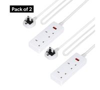 GEEPAS 2 Gang Extension Lead, 1M Cable | 2-Way Plug Extension Cable with Neon Indicator Light | Wall Mountable & Multi Socket Mains Strip for Home Bedroom Office | Heavy Duty UK Plug | White Pack of 2