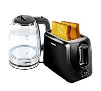 Geepas 2 Slice Bread Toaster & 1.7L Illuminating Electric Glass Kettle Set - 2200W Cordless Jug Kettle, Auto Shut Off & Boil Dry Sensor - 700W Toaster with 6 Level Browning Control, Black