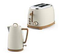 GEEPAS 2 Slice Toaster & 1.7L Electric Kettle Combo Set NordiQ Design | Matte Finish with Wood Accents | 850W 6 Browning Levels Defrost Reheat & Cancel | 3000W Rapid Boil Cordless Jug Kettle | Cream
