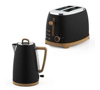 GEEPAS 2 Slice Toaster & 1.7L Electric Kettle Combo Set NordiQ Design | Matte Finish with Wood Accents | 850W 6 Browning Levels Defrost Reheat & Cancel | 3000W Rapid Boil Cordless Jug Kettle | Black