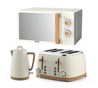 GEEPAS 20L Microwave Oven 700W, 4 Slice Toaster & 1.7L Electric Kettle Combo Set NordiQ Design | Matte Finish with Wood Accents | 1500W Bread Toaster & 3000W Rapid Boil Cordless Jug Kettle | Cream