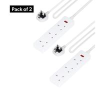 GEEPAS 3 Gang Extension Lead, 2M Cable | 3-Way Plug Extension Cable with Neon Indicator Light | Wall Mountable & Multi Socket Mains Strip for Home Bedroom Office | Heavy Duty UK Plug | White Pack of 2