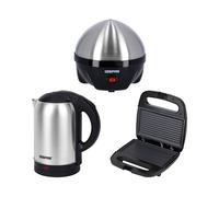 Geepas 3-in-1 Egg Boiler Poacher, Panini Sandwich Press & 1.8L Electric Kettle Kitchen Combo Set | Egg Cooker, 7 Egg Capacity | 750W 2 Slice Sandwich Toaster Maker, Grill | 1800W Cordless Kettle