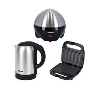 Geepas 3-in-1 Egg Boiler Poacher, Panini Sandwich Press & 1.8L Electric Kettle Kitchen Combo Set in Silver Geepas Silver