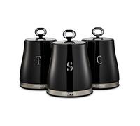 GEEPAS Retrovive 3-Piece Tea Coffee Sugar Canisters Set | 1.4L Airtight Stainless Steel Lids & Durable Carbon Steel Body | Kitchen Storage Canisters Keeps Contents Fresh Aromatic & Flavourful | Black
