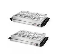 GEEPAS 300W Electric Food Warmer Buffet Server for Table - 3 x 2.4 Litre Stainless Steel Buffet Trays with Lids - Variable Temperature Control & Plate Warmer Function Cool-Touch Handles - Pack of 2