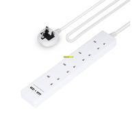 GEEPAS 4 Gang Extension Lead, 2M Cable | 4-Way Plug Extension Cable | Wall Mountable & Multi Socket Power Mains Strip with 2 USB Ports for Home Office | Heavy Duty UK Plug | White