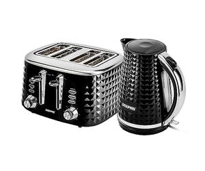 Geepas 4 Slice Bread Toaster & 1.7L Cordless Electric Kettle Combo Set with Textured Design - 1750W Toastie Machine with 7 Browning Control - 2200W Kettle with Auto Shut Off & Boil Dry Sensor, Black