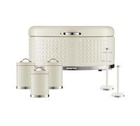 GEEPAS 6 Pc Tea Coffee Sugar Canister, Bread Bin, Mug Tree & Towel Pole Set | 9L Bread Box 1.3L Airtight Canister Set | Carbon Steel Build Kitchen Counter Storage Space Saver Argyle Cream