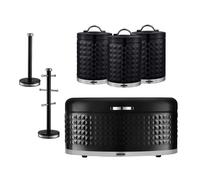 GEEPAS 6 Pc Tea Coffee Sugar Canister, Bread Bin, Mug Tree & Towel Pole Set | 9L Bread Box 1.3L Airtight Canister Set | Carbon Steel Build Kitchen Counter Storage Space Saver Argyle Black