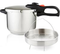 GEEPAS 6L Stainless Steel Pressure Cooker | Induction Hob Compatible Cooker | Quick Pressure Release Dual Handles for Fast Cooking at Home or in Catering Kitchens Energy Efficient Safety Lock Silver