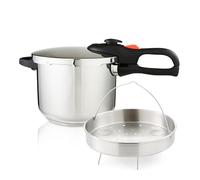 GEEPAS 6L Stainless Steel Pressure Cooker | Induction Hob Compatible Cooker | Quick Pressure Release Dual Handles for Fast Cooking at Home or in Catering Kitchens Energy Efficient Safety Lock Silver