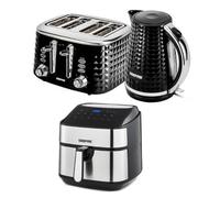 GEEPAS 7.5L Air Fryer, 4 Slice Toaster & 1.7L Kettle Kitchen Appliances Set 2200W Jug Kettle, Wide Slot Toaster Variable Browning Control Textured Design, 10-1 Vortex Air Fryer with LED Display, Black