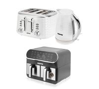 GEEPAS 8L Dual Basket Air Fryer, 1.7L Kettle & 4 Slice Toaster Appliances Set, 2200W Kettle Textured with Design, Wide Slot Toaster Variable Browning Control, Air Fryer with LED Display, White