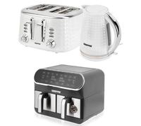 GEEPAS 8L Dual Basket Air Fryer, 1.7L Kettle & 4 Slice Toaster Appliances Set, 2200W Kettle Textured with Design, Wide Slot Toaster Variable Browning Control, Air Fryer with LED Display, White