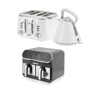 GEEPAS Kitchen 8L Dual Basket Air Fryer, 4 Slice Toaster & 1.5L Kettle Appliances Set, Textured Design With 3000W Pyramid Kettle, 10-1 Convection Air Fryer with LED Display, Wide Slot Toaster, White