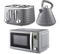 GEEPAS Electric Kettle 4 Slice Bread Toaster & Microwave Kitchen Set | 1.5L Pyramid Kettle 3000W | 4 Slice Toaster with 7 Level Browning Control, 1750W | 700W Digital Microwave 20L, Grey