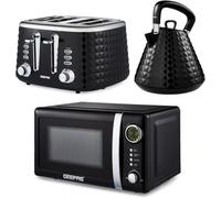 GEEPAS Electric Kettle 4 Slice Bread Toaster & Microwave Kitchen Set | 1.5L Pyramid Kettle 3000W | 4 Slice Toaster with 7 Level Browning Control, 1750W | 700W Digital Microwave 20L, Black