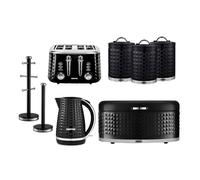 Geepas Argyle 1.7L Kettle And Toaster Set Of 3 Tea Coffee Sugar Canister, Bread Bin, Mug Tree & Towel Pole Set In Black Black