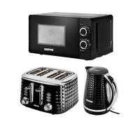 GEEPAS Electric Kettle 4 Slice Bread Toaster & Microwave Kitchen Set | 2200W 1.7L Textured Cordless Kettle | 1750W Toaster with 7 Level Browning Control | 700W Solo Manual Dial Microwave 20L | Black