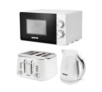 Geepas Electric Kettle 4 Slice Bread Toaster & Microwave Kitchen Set | 2200W 1.7L Textured Cordless Kettle | 1750W Toaster with 7 Level Browning Control | 700W Solo Manual Dial Microwave 20L | White